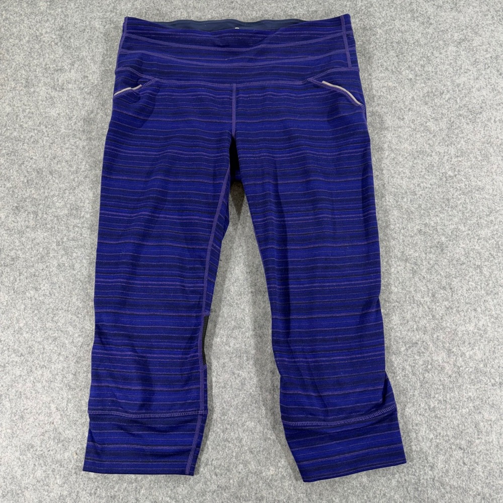 Athleta Be Free Knicker Purple Striped‎ Crop Leggings Mesh Womens Size M